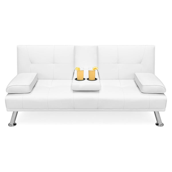 Living Room > Sofas - White Faux Leather Convertible Sofa Futon With 2 Cup Holders