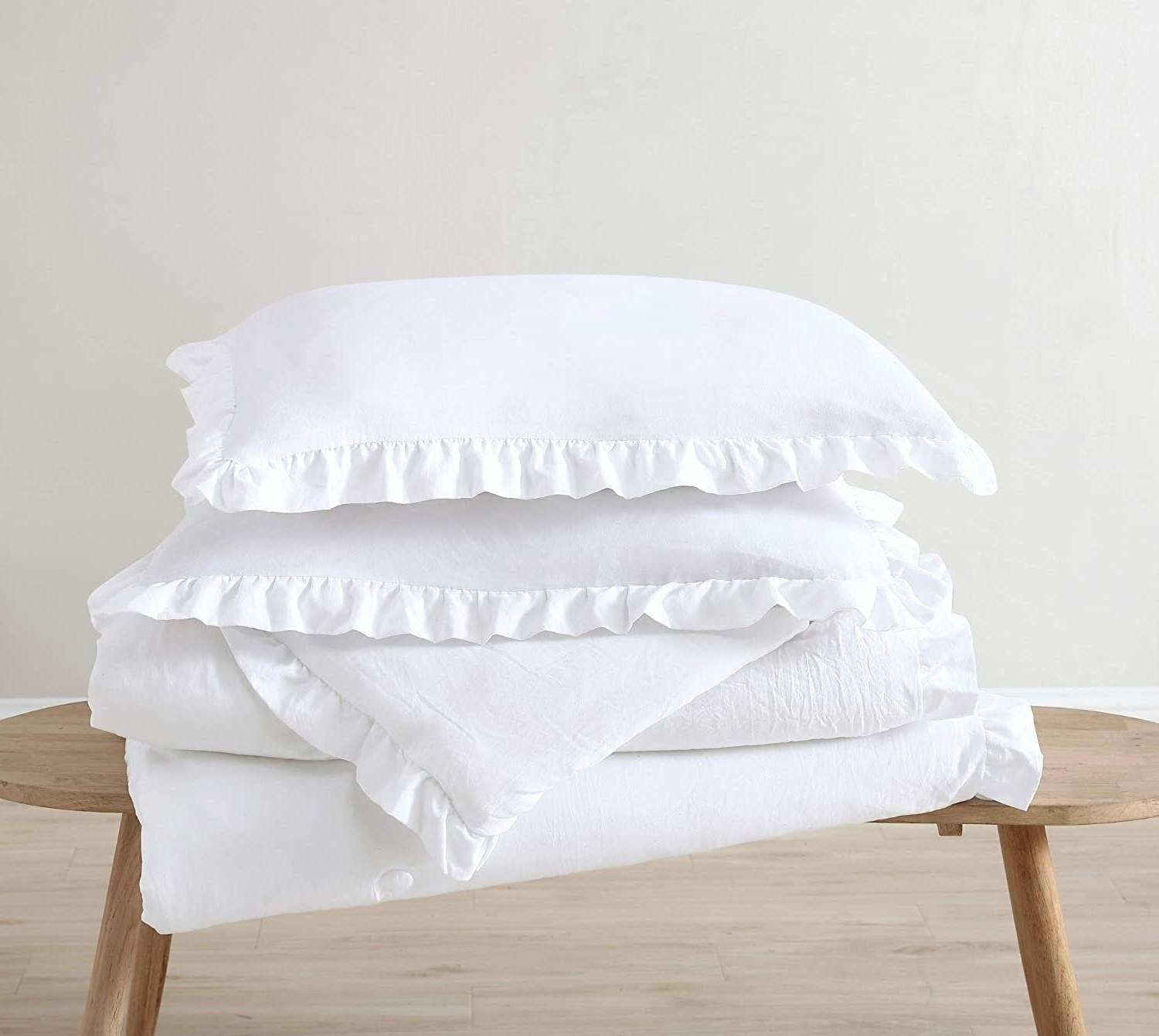 Bedroom > Comforters And Sets - Full Size White Stone Washed Ruffled Edge Microfiber Comforter Set