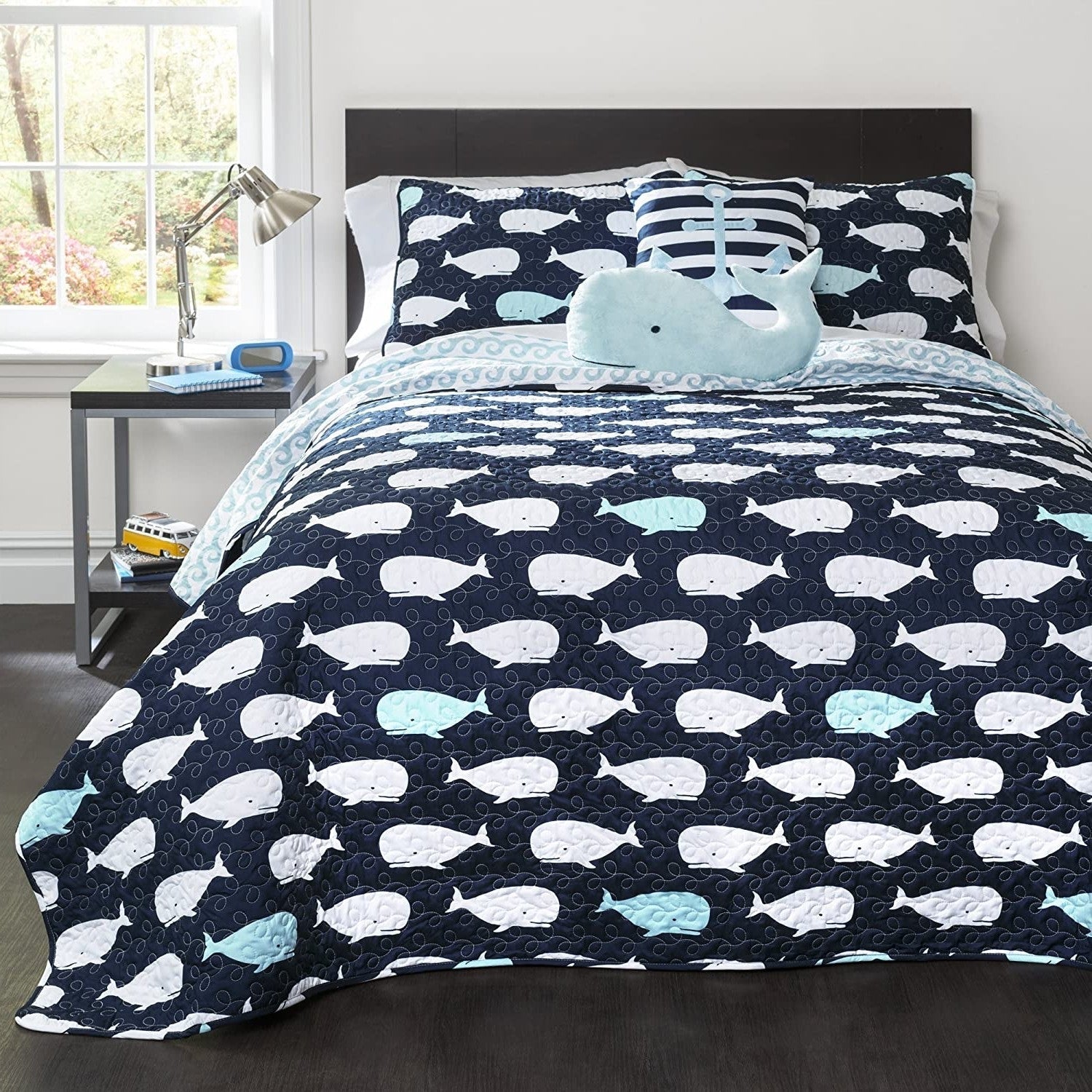 Bedroom > Quilts & Blankets - Full/Queen 5 Piece Bed In A Bag Navy Teal Microfiber Waves Whales Quilt Set