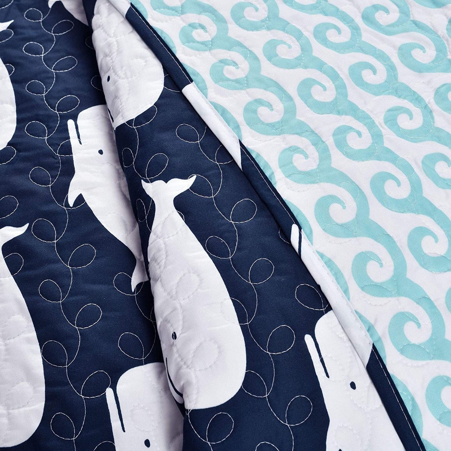 Bedroom > Quilts & Blankets - Full/Queen 5 Piece Bed In A Bag Navy Teal Microfiber Waves Whales Quilt Set