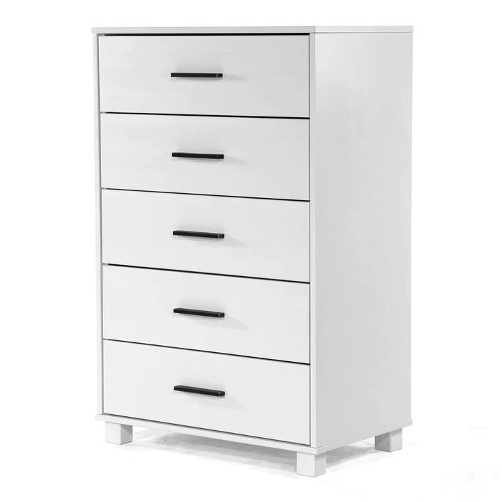 Bedroom > Nightstand And Dressers - Modern Farmhouse Solid Wood 5 Drawer Bedroom Chest In White Wooden Finish