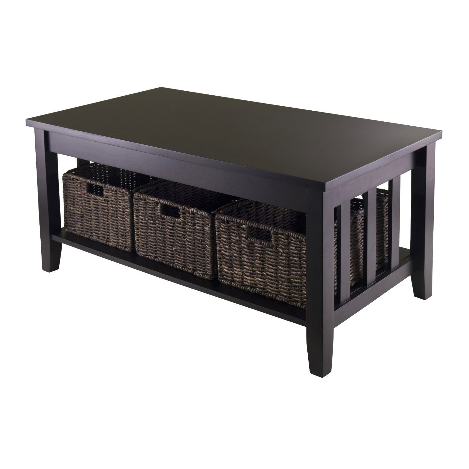 Living Room > Coffee Tables - Mission Style Dark Wood Coffee Table With 3-Folding Storage Baskets