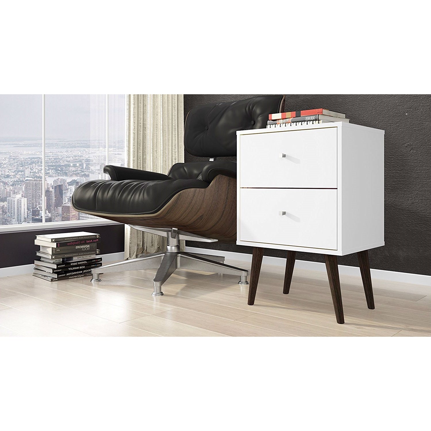 Bedroom > Nightstand And Dressers - White Modern Mid-Century Style 2-Drawer Side Table Nightstand