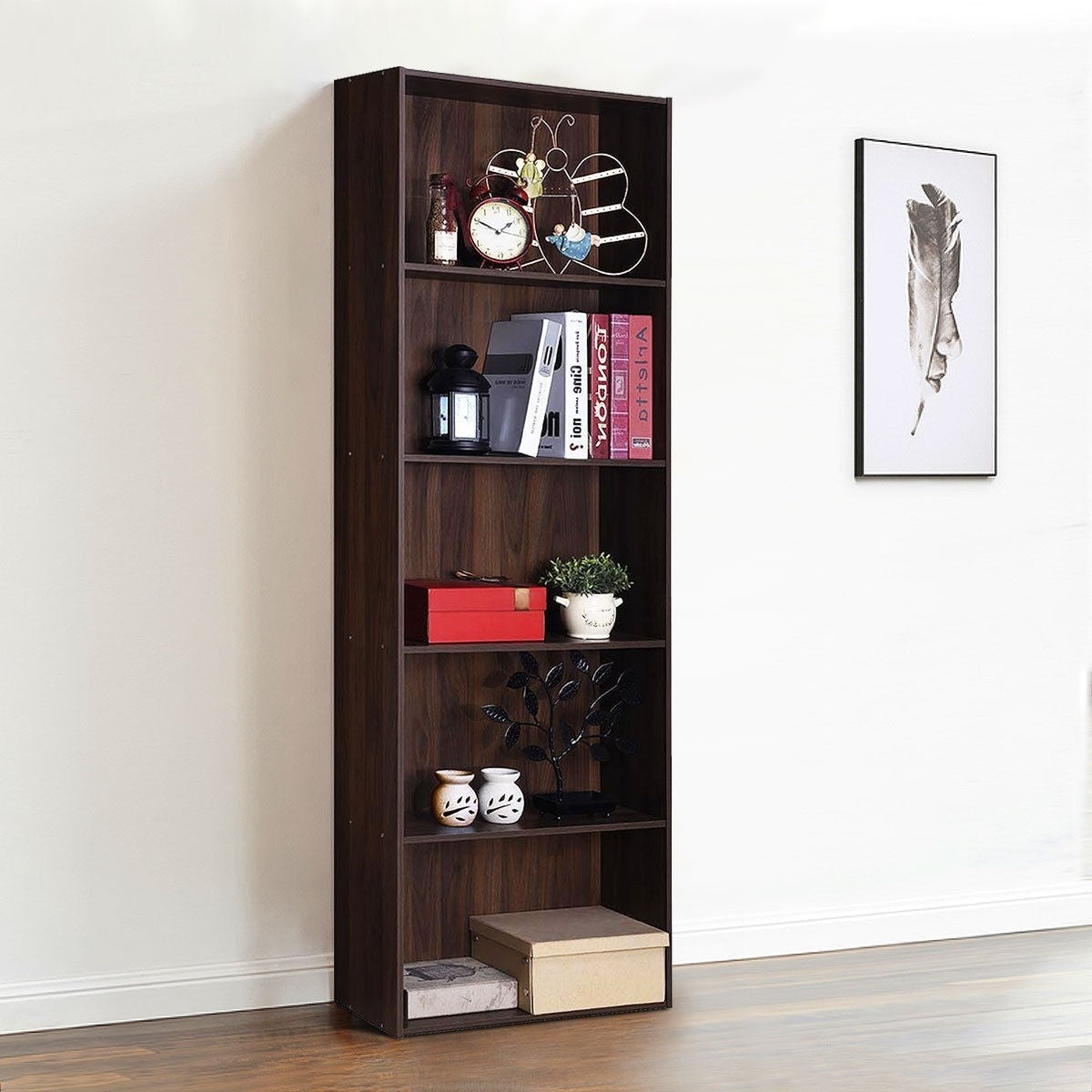 Living Room > Bookcases - Modern 5-Tier Bookcase Storage Shelf In Brown Walnut Wood Finish