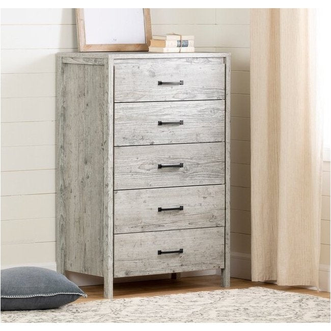 Bedroom > Nightstand And Dressers - Modern Washed Pine 5 Drawer Storage Chest