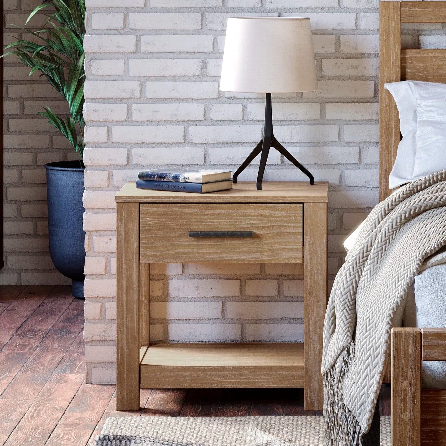 Bedroom > Nightstand And Dressers - Farmhouse Traditional Rustic Pine Wood 1-Drawer Nightstand Bedside Table