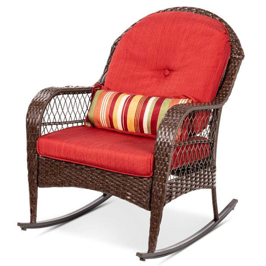 Outdoor > Outdoor Furniture > Patio Chairs - Outdoor Patio Brown Wicker Rocking Chair With Red Cushions And Accent Pillow