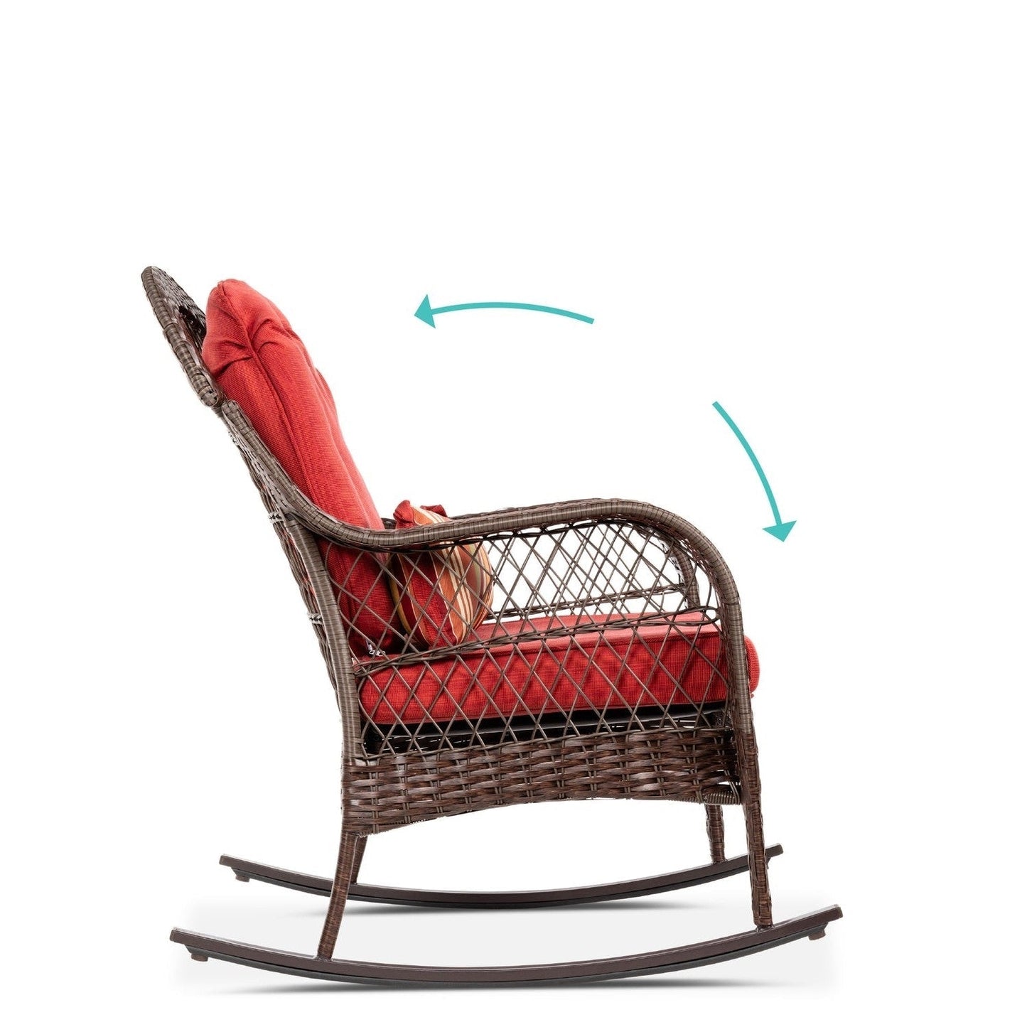 Outdoor > Outdoor Furniture > Patio Chairs - Outdoor Patio Brown Wicker Rocking Chair With Red Cushions And Accent Pillow