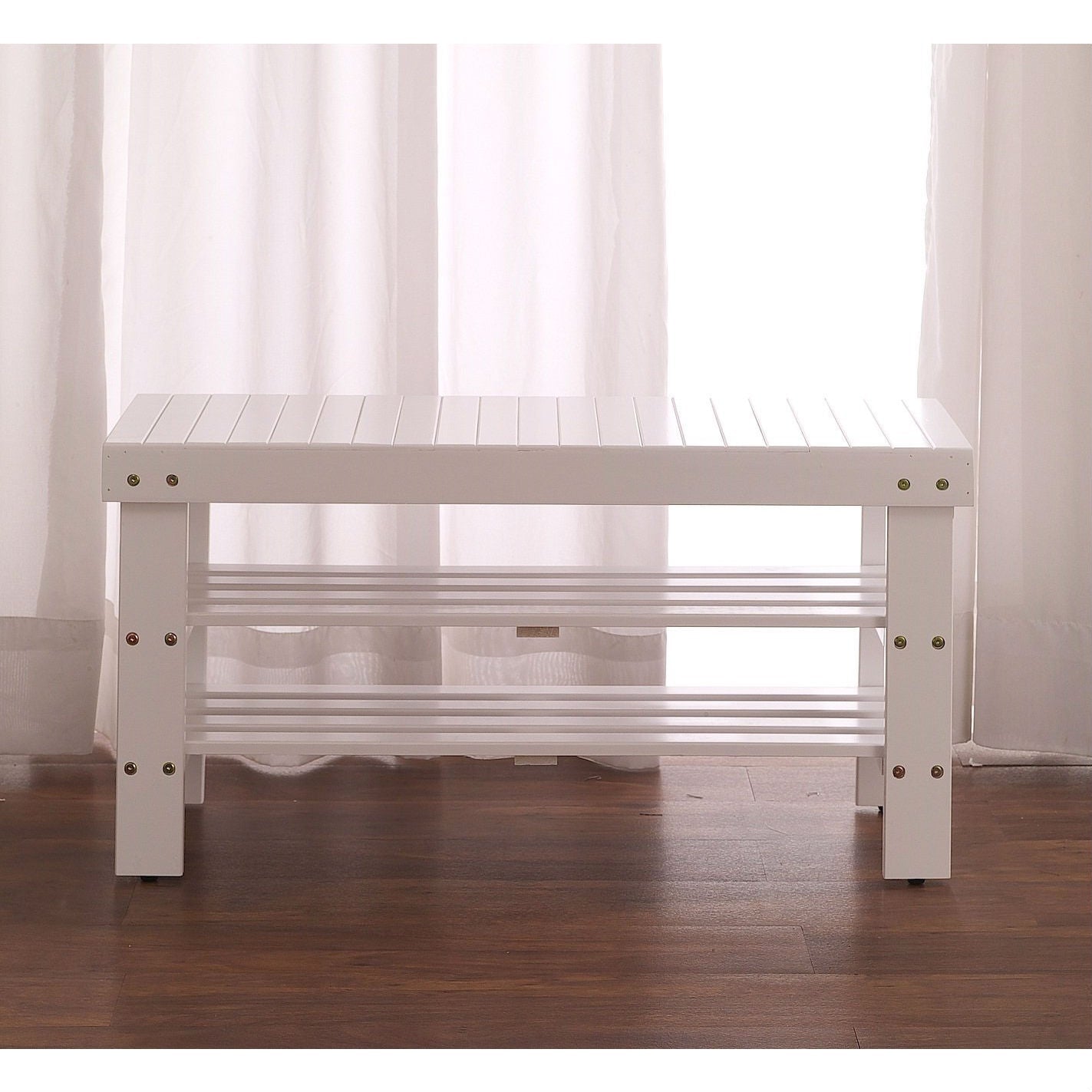 Accents > Benches - Solid Wood Shoe Rack Entryway Storage Bench In White