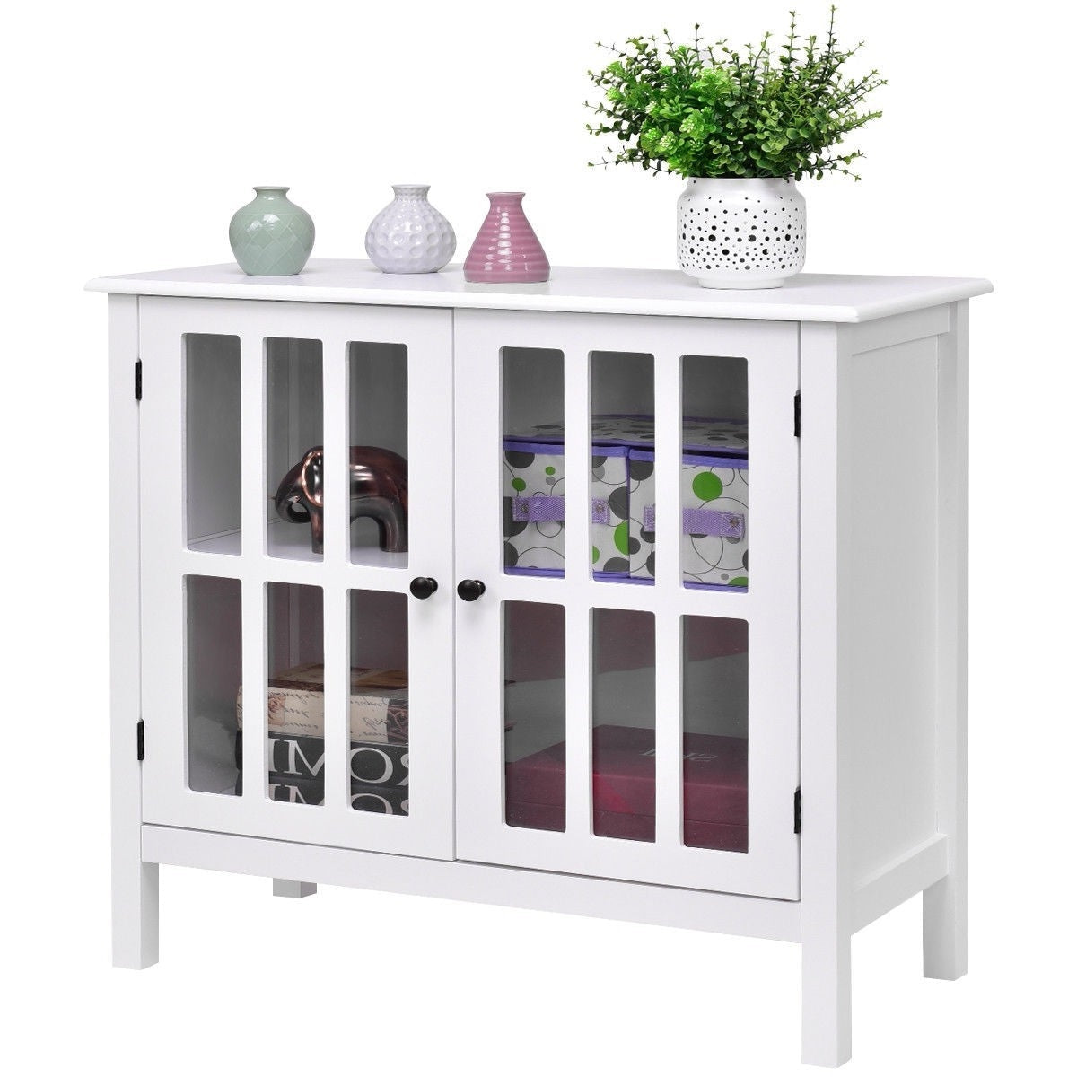 Dining > Sideboards & Buffets - White Wood Sideboard Buffet Cabinet With Glass Panel Doors
