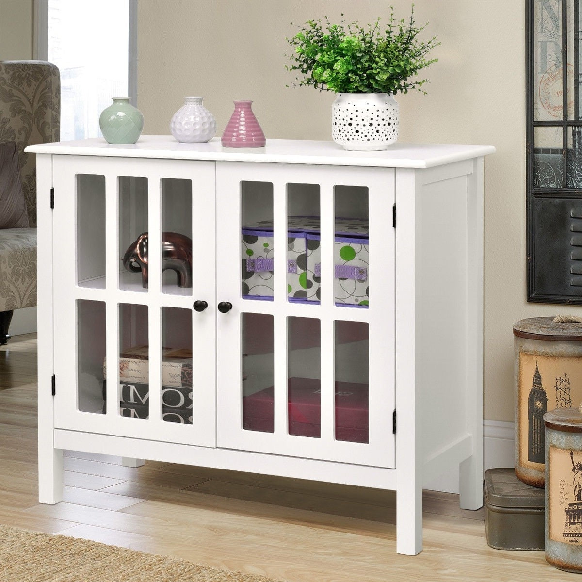 Dining > Sideboards & Buffets - White Wood Sideboard Buffet Cabinet With Glass Panel Doors