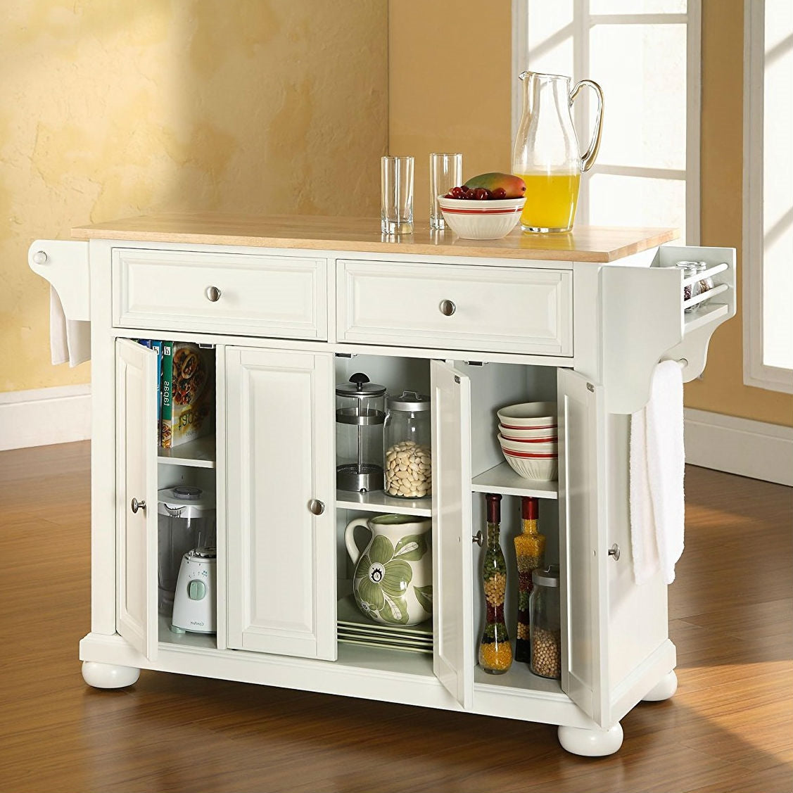 Kitchen > Utility Tables & Workbenches - White Kitchen Island Storage Cabinet With Solid Wood Top