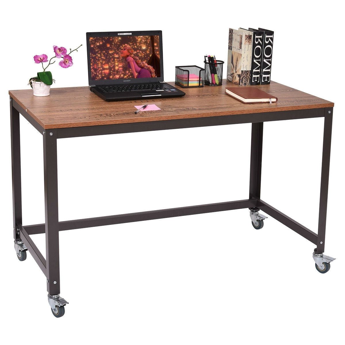 Office > Computer Desks - Industrial Modern Steel Frame Wood Top Computer Desk With Locking Wheels