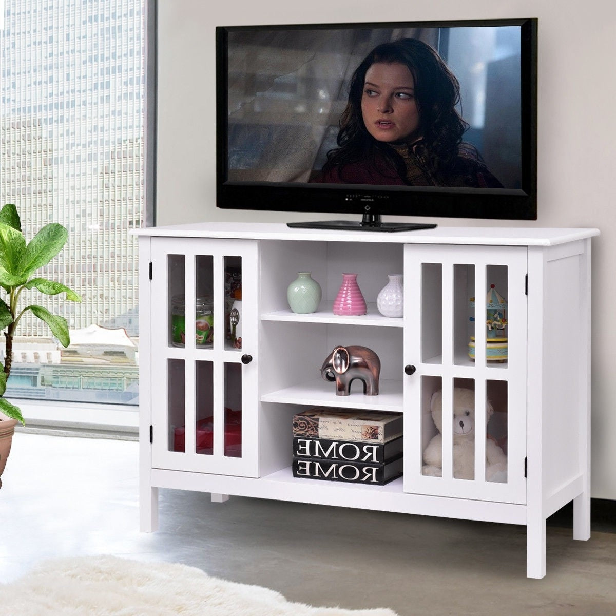 Living Room > TV Stands And Entertainment Centers - White Wood 43-inch TV Stand With Glass Panel Doors