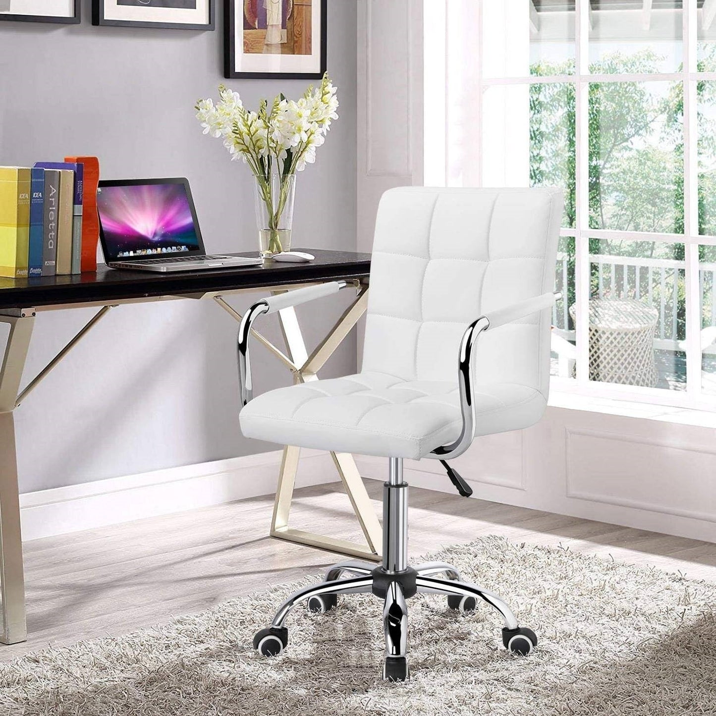 Office > Office Chairs - White Modern Faux Leather Mid-Back Swivel Office Chair With Armrests And Wheels