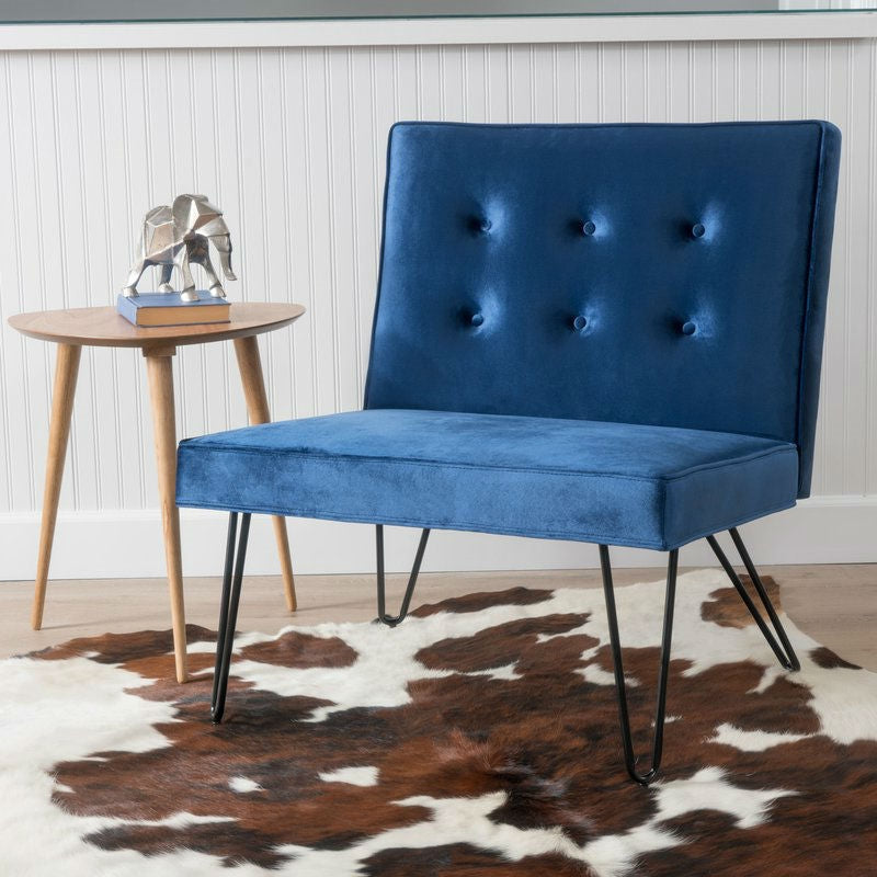 Living Room > Accent Chairs - Navy Velvety Soft Upholstered Polyester Accent Chair Black Metal Legs