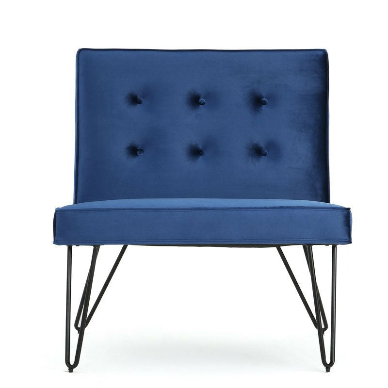Living Room > Accent Chairs - Navy Velvety Soft Upholstered Polyester Accent Chair Black Metal Legs