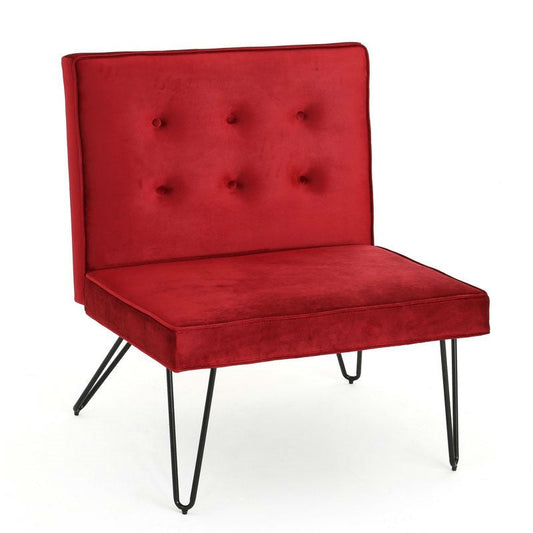 Living Room > Accent Chairs - Red Velvety Soft Upholstered Polyester Accent Chair Black Metal Legs