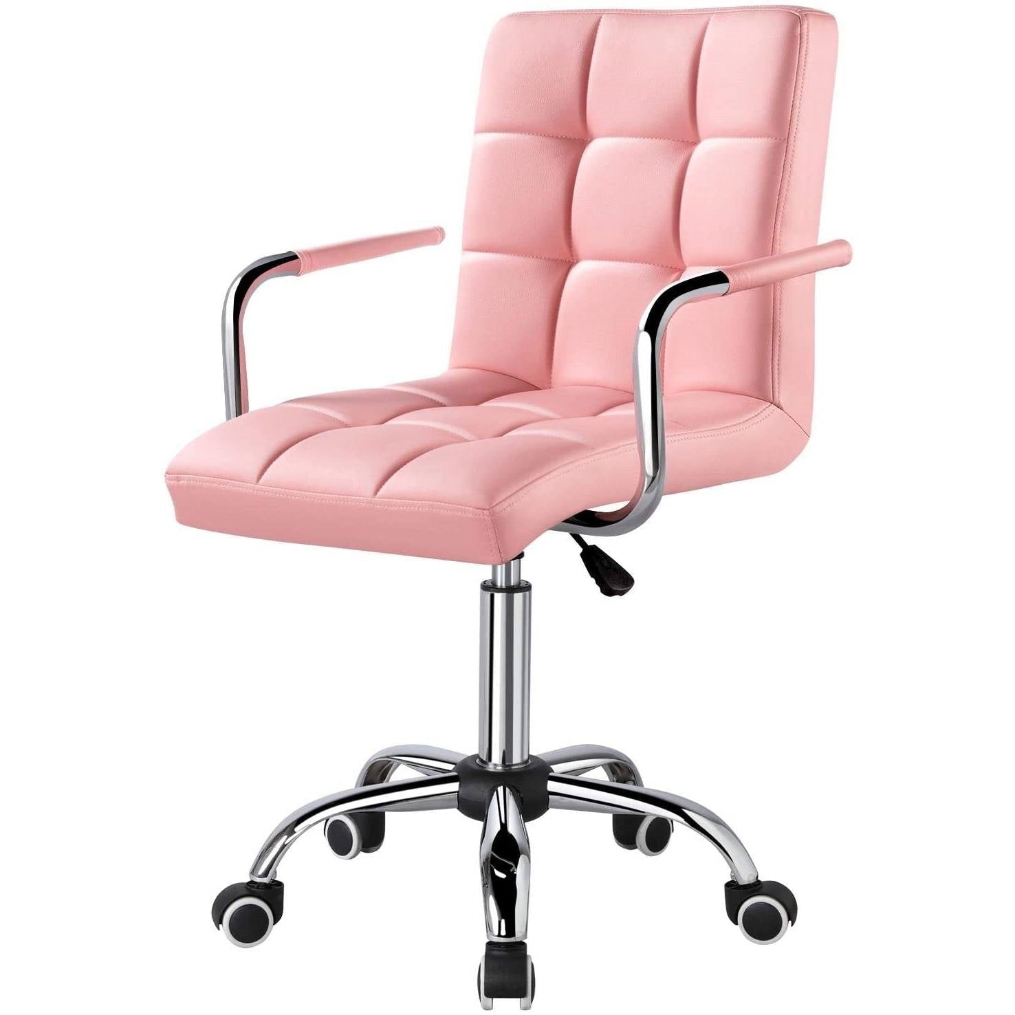 Office > Office Chairs - Pink Modern Faux Leather Mid-Back Swivel Office Chair With Armrests And Wheels