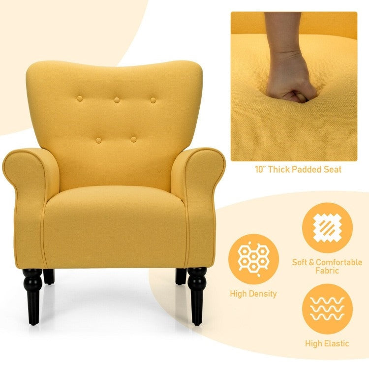 Living Room > Accent Chairs - Yellow Retro Tufted Polyester Accent Chair With Stylish Espresso Wood Legs