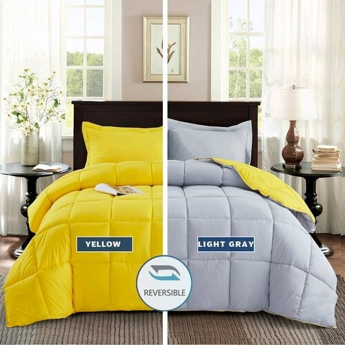 Bedroom > Comforters And Sets - Full/Queen Traditional Microfiber Reversible 3 Piece Comforter Set In Yellow/Light Gray