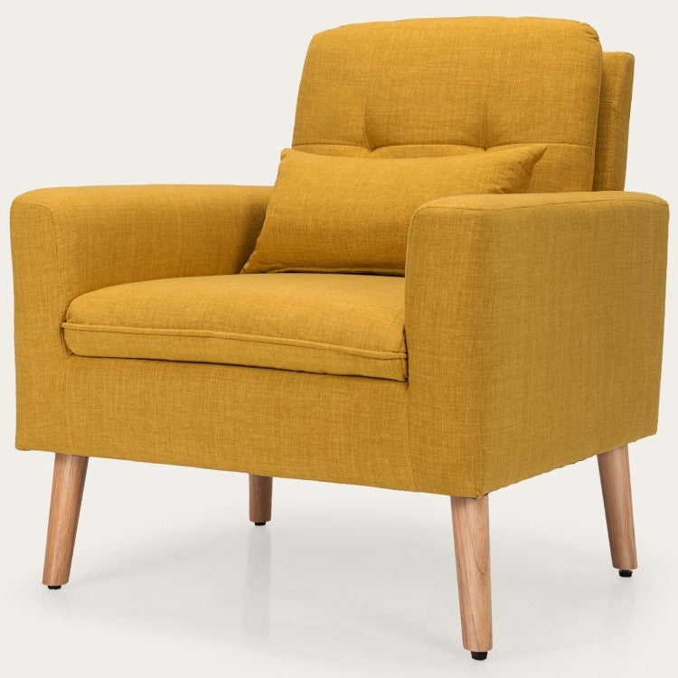 Living Room > Accent Chairs - Yellow Linen Mid-Century Modern Living Room Accent Chair With Pillow