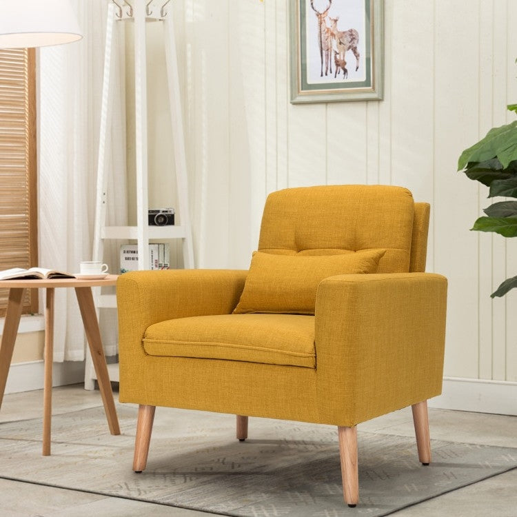 Living Room > Accent Chairs - Yellow Linen Mid-Century Modern Living Room Accent Chair With Pillow