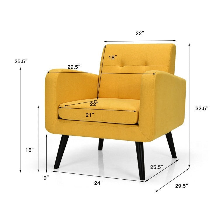 Living Room > Accent Chairs - Mid-Century Modern Yellow Linen Upholstered Accent Chair With Wooden Legs