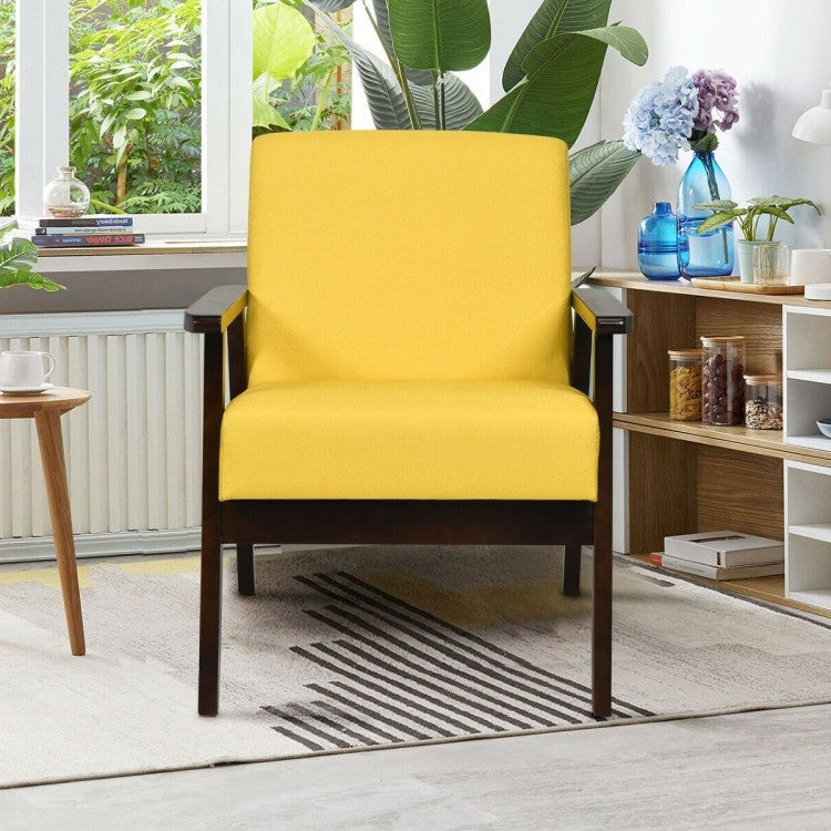 Living Room > Accent Chairs - Retro Modern Classic Yellow Linen Wide Accent Chair With Espresso Wood Frame