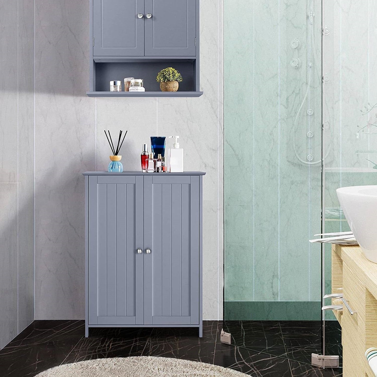 Bathroom > Bathroom Cabinets - Gray Wood 2-Door Freestanding Bathroom Floor Cabinet Kitchen Storage Cupboard