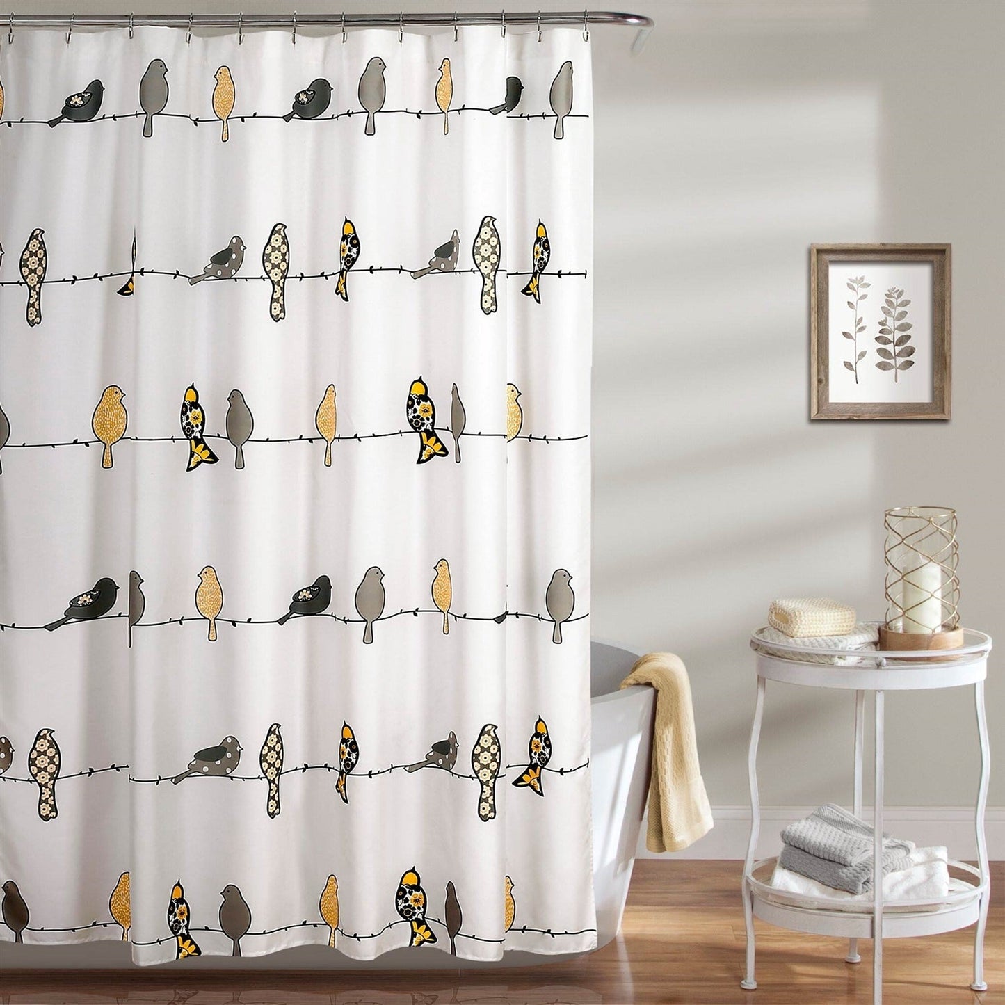 Bathroom > Shower Curtains - 72 X 72 Inch Yellow Grey Birds Floral Polyester Machine-Washable Shower Curtain