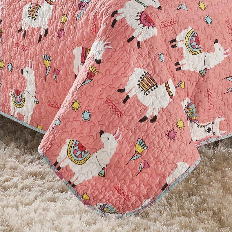 Bedroom > Quilts & Blankets - King Size Pink Blue Reversible Floral Llama 100-Percent Cotton Quilt Set