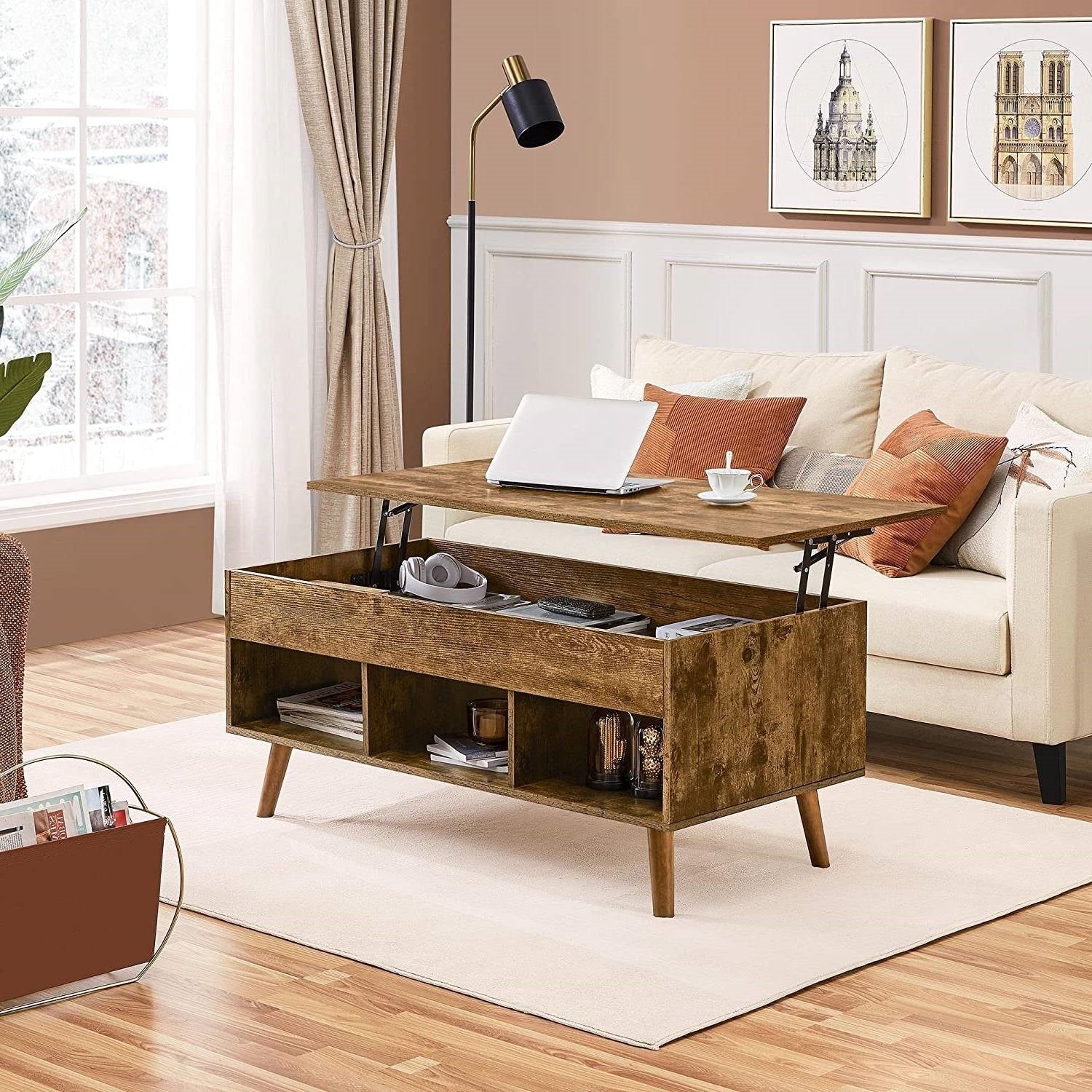 Living Room > Coffee Tables - Mid-Century Lift-Top Coffee Table Sofa Laptop Desk In Rustic Brown Wood Finish