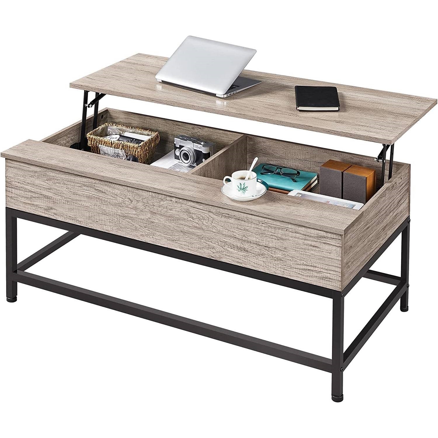 Living Room > Coffee Tables - Modern Metal Wood Lift-Top Coffee Table Sofa Laptop Desk In Grey Wood Finish