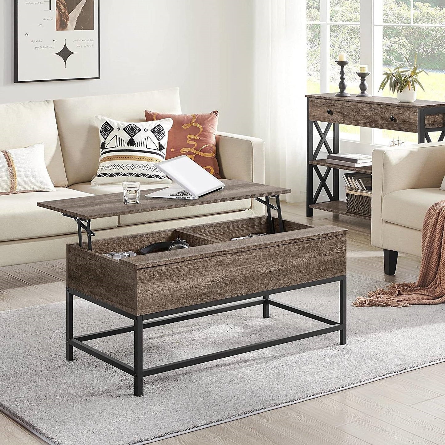 Living Room > Coffee Tables - Modern Metal Lift Top Coffee Table Sofa Laptop Desk With Rustic Taupe Wood Top