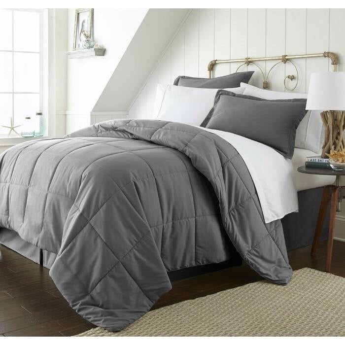 Bedroom > Comforters And Sets - Twin 6-Piece Microfiber Baffle-Box Reversible Bed-in-a-Bag Comforter Set In Grey