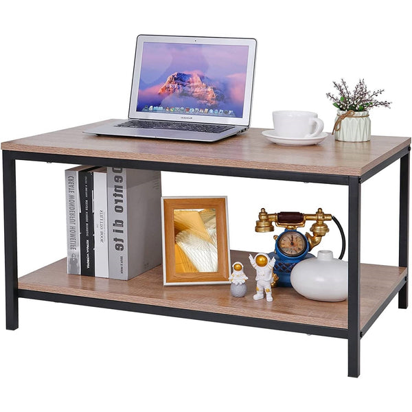 Living Room > Coffee Tables - Modern 2-Tier Metal Wooden Coffee Table In Natural Wood Finish