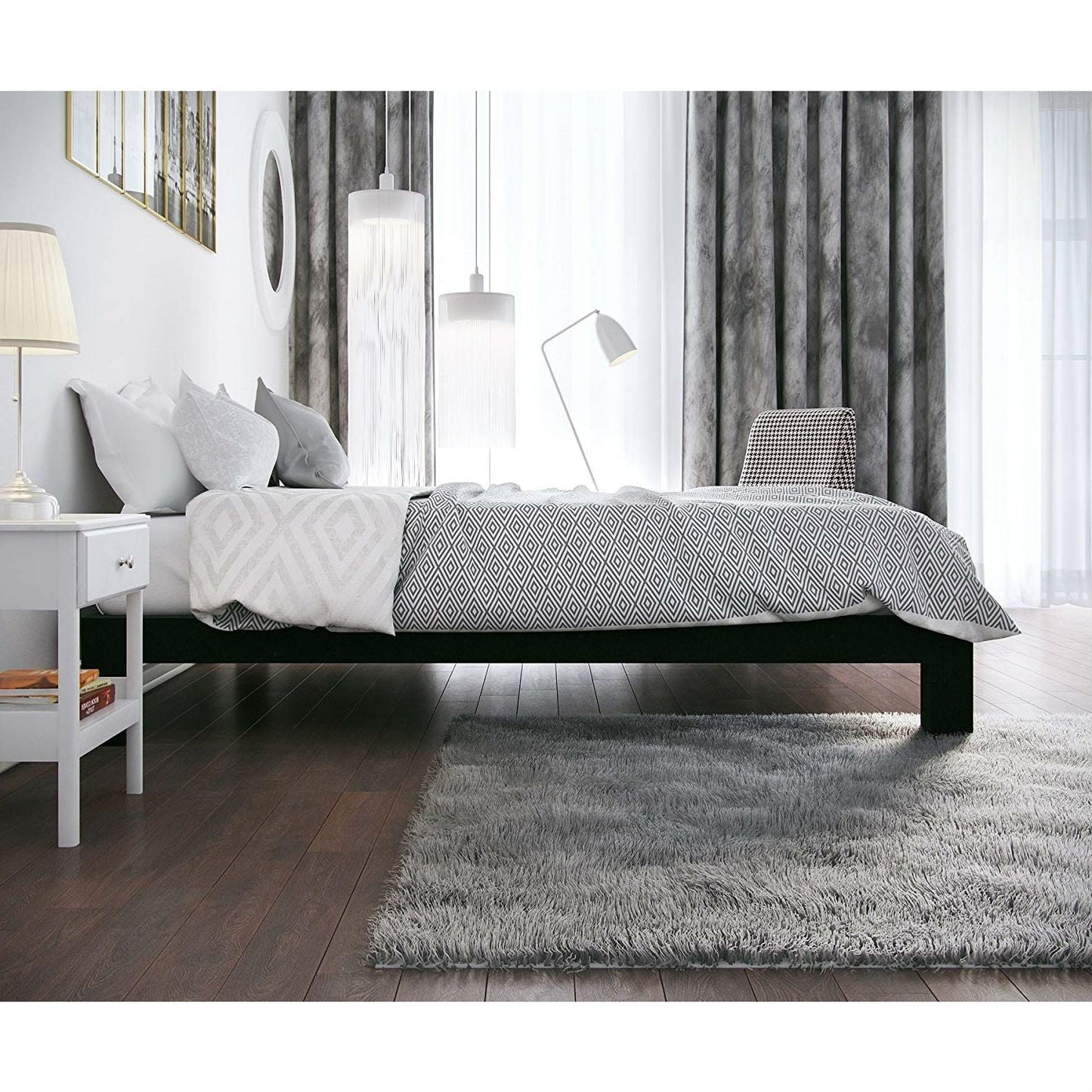 Bedroom > Bed Frames > Platform Beds - Full Modern Black Metal Platform Bed Frame With Wood Slats