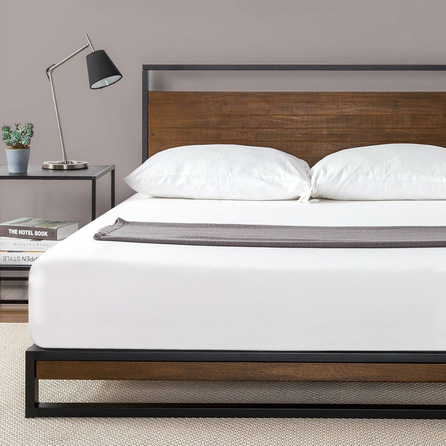Bedroom > Bed Frames > Platform Beds - Queen Size Metal Wood Platform Bed Frame With Headboard