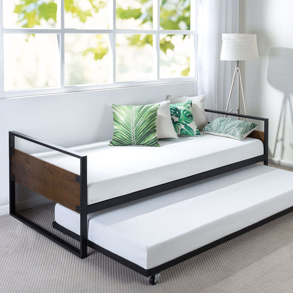 Bedroom > Bed Frames > Daybeds - Twin Size Metal Wood Daybed Frame With Roll Out Trundle Bed
