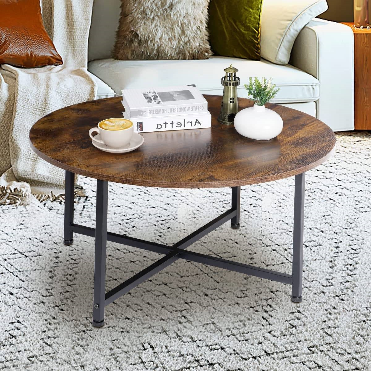 Living Room > Coffee Tables - Modern Round Industrial Coffee Table With Rustic Brown Wood Top