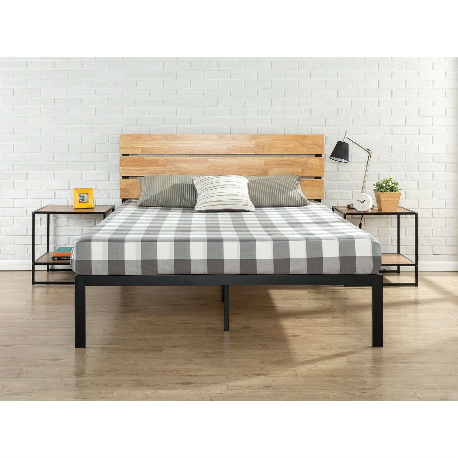 Bedroom > Bed Frames > Platform Beds - Queen Size Modern Wood And Metal Platform Bed Frame With Headboard