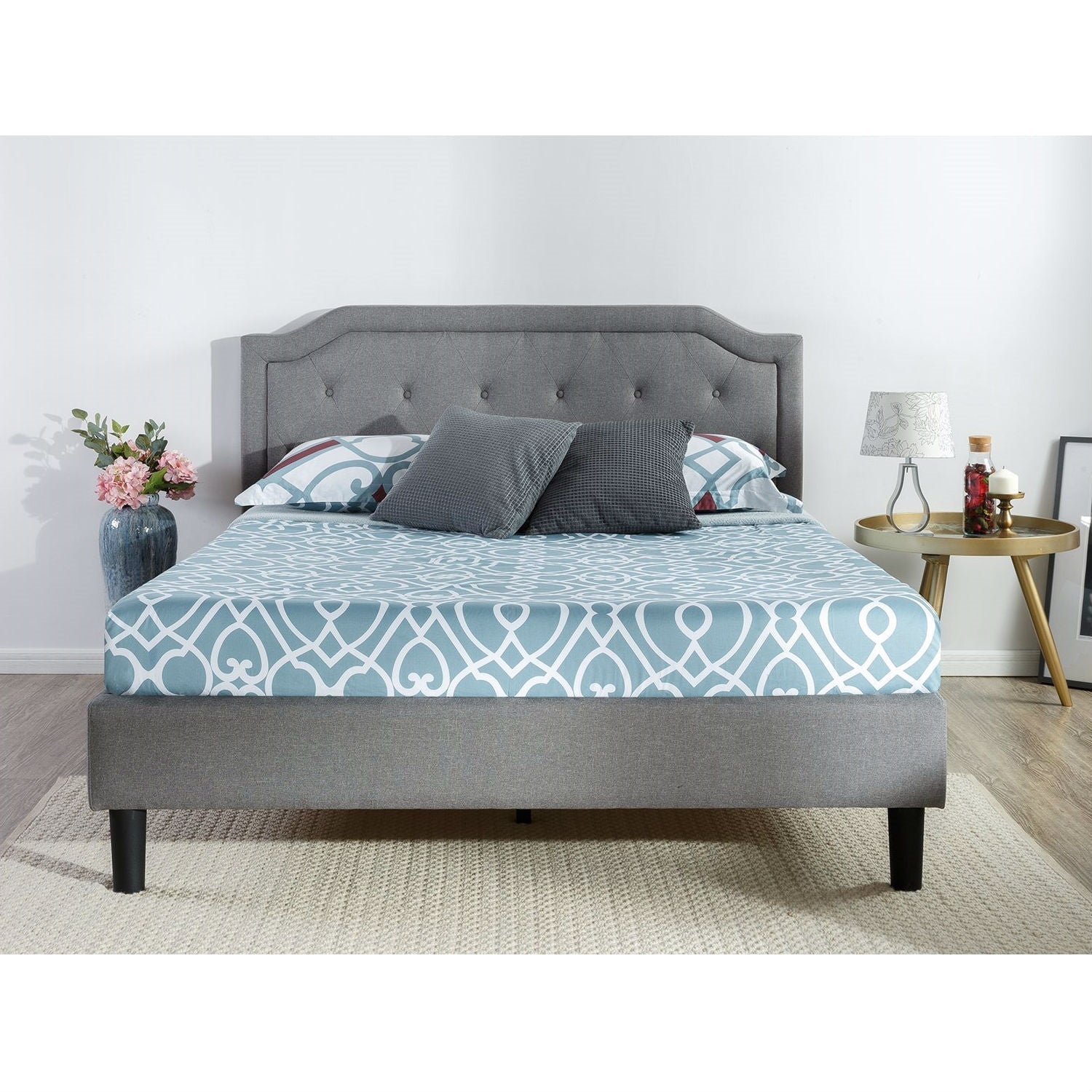 Bedroom > Bed Frames > Platform Beds - King Size Grey Upholstered Platform Bed With Classic Button Tufted Headboard