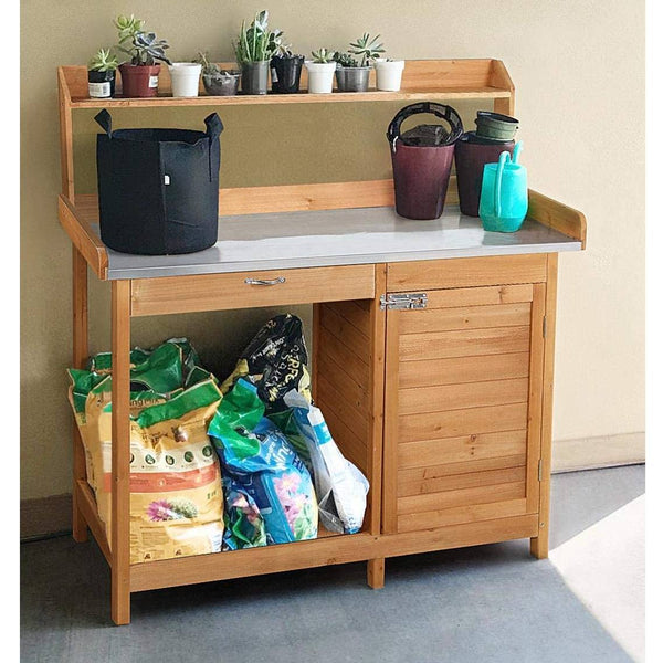 Outdoor > Gardening > Potting Benches - Natural Fir Wood Potting Bench With Galvanized Steel Table Top