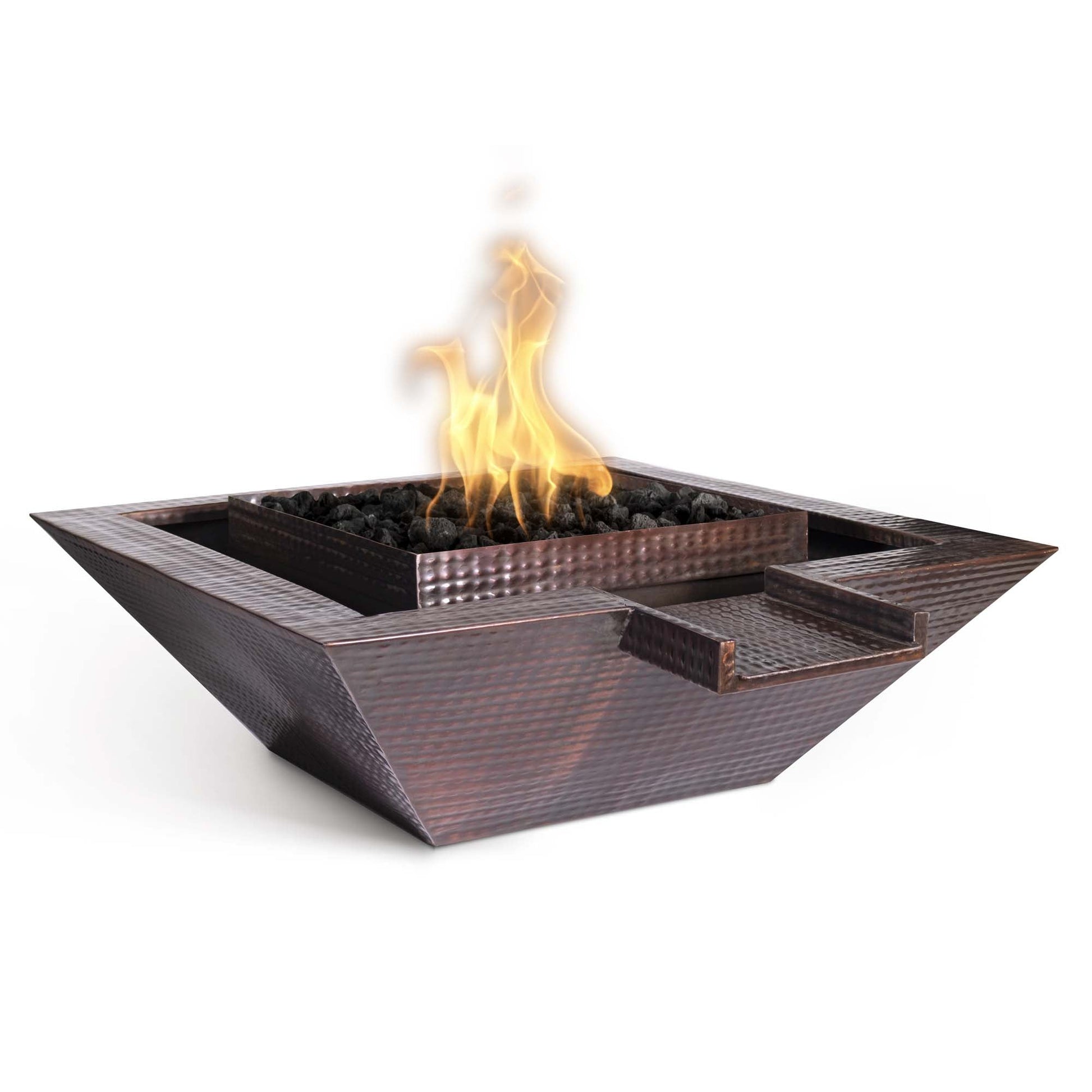36" Maya Hammered Copper Fire & Water Bowl - Gravity Spill - 12V Electronic Ignition-Novel Home